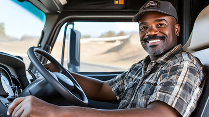 Obraz premium A truck driver smiles while sitting in a large semi-truck showcasing a friendly demeanor and readiness for the open road