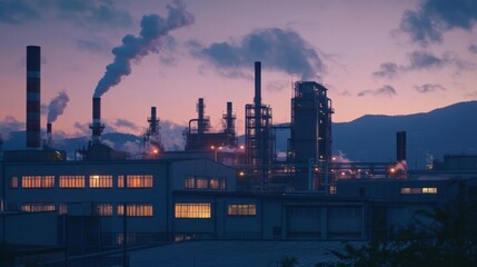 Industrial landscape at dusk with smoke and lights