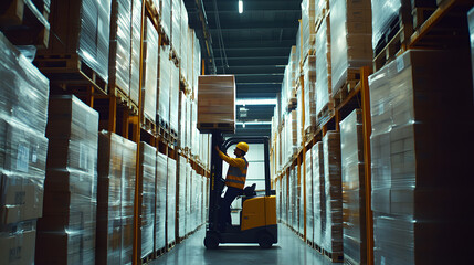 A warehouse worker operates a forklift, lifting a pallet in a well-organized storage facility surrounded by shelves stacked with boxes