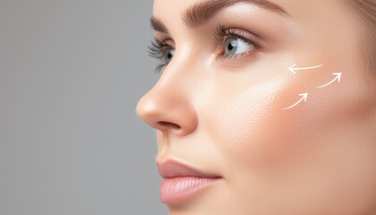 A close-up of a womans face with glowing arrows pointing upward along her cheeks and neck, illustrating the effects of face contouring and lifting.