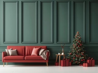 Classic red and green Christmas decor in a family living room, 3D illustration