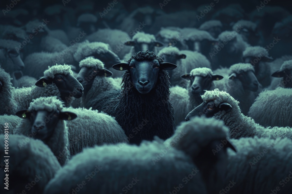 Poster A group of sheep grazing together in a field