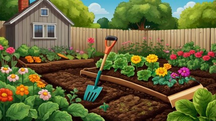 A bright picture for a children's book with a vegetable garden, beds, and a shovel.