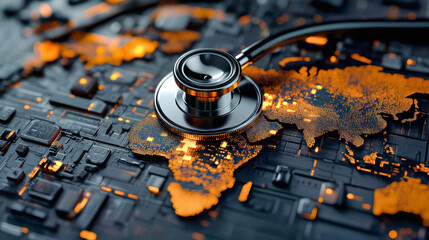 A stethoscope rests on a glowing digital world map, symbolizing the urgent need for global healthcare solutions in a high-tech environment