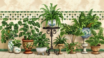 Vintage Charm Tropical Houseplants Arrangement on Ornate CastIron Plant Stand