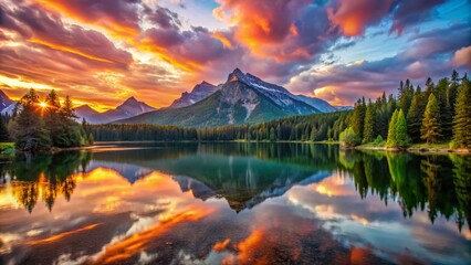 Majestic mountain landscape with vibrant sunset casting colorful reflections on tranquil lake waters