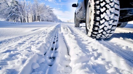 Close up of car tires leaving tread marks on a snowy and icy winter road conditions