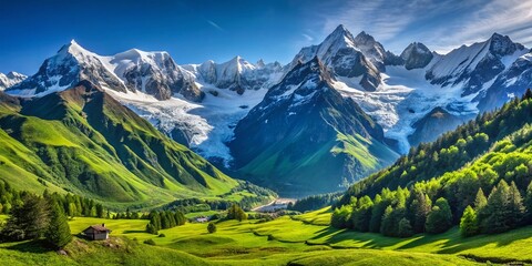 Majestic Mountain Range Under Clear Blue Sky with Lush Green Valleys and Snow-Capped Peaks