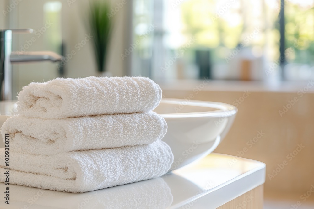 Poster a pile of white towels sits neatly on the edge of a countertop, ready for use