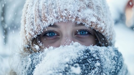  Girl with blue eyes peeking out from a beige hat, covered in snow. Her eyes are wide open and bright blue.