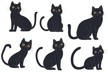 A group of black cats with bright yellow eyes