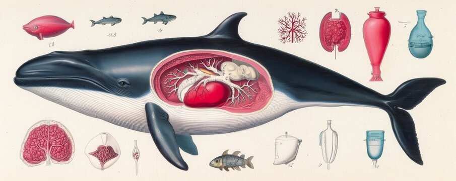 A cross-section of a frog, showing its internal anatomy including the heart, lungs, and digestive organs.