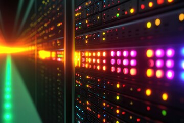 Obraz premium A row of servers with colorful lights and cables, suitable for use in IT or tech-related contexts