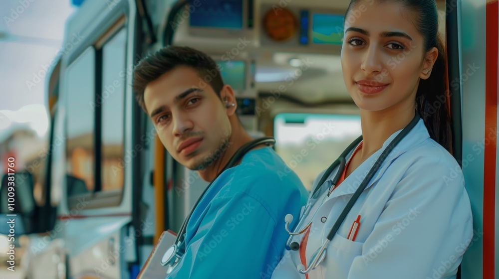 Poster two doctors are standing next to each other in front of an ambulance