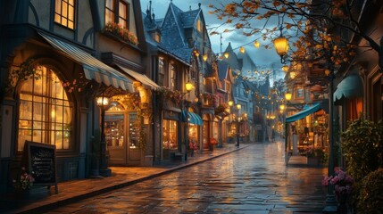 Obraz premium Charming Evening Street in a Quaint Village
