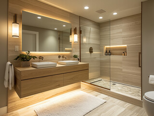 Minimalist bathroom with floating wood vanity