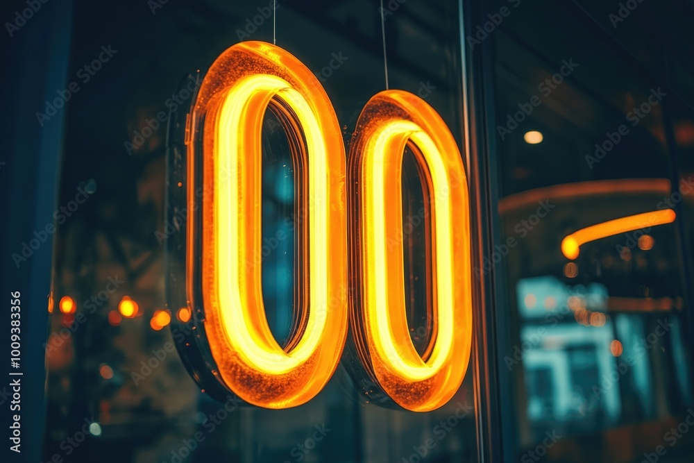 Poster close-up of a neon sign inside a window, with soft focus on surrounding details
