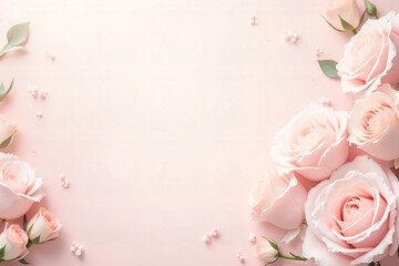 Fototapeta premium Elegant blank wedding invitation card with pale pink roses on a soft, romantic background