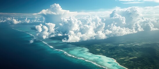 Aerial View of a Tropical Island with White Clouds