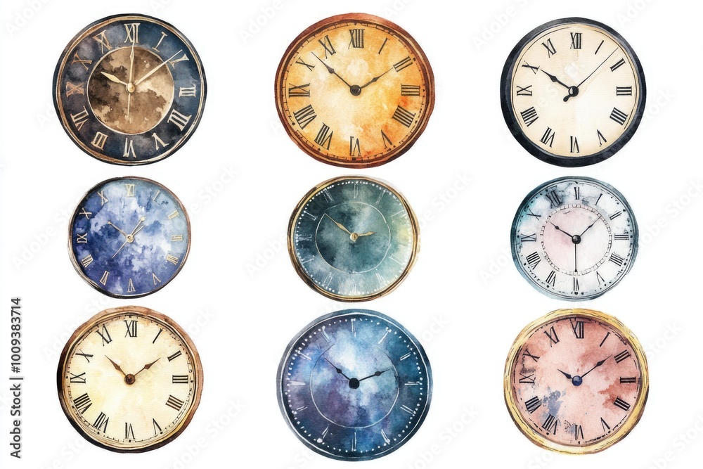 Poster a collection of colorful clocks featuring roman numeral markings