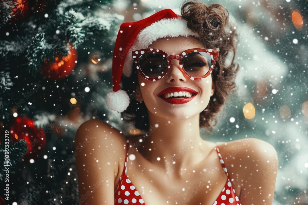 Canvas Prints A woman wearing a Santa hat and sunglasses on a winter day