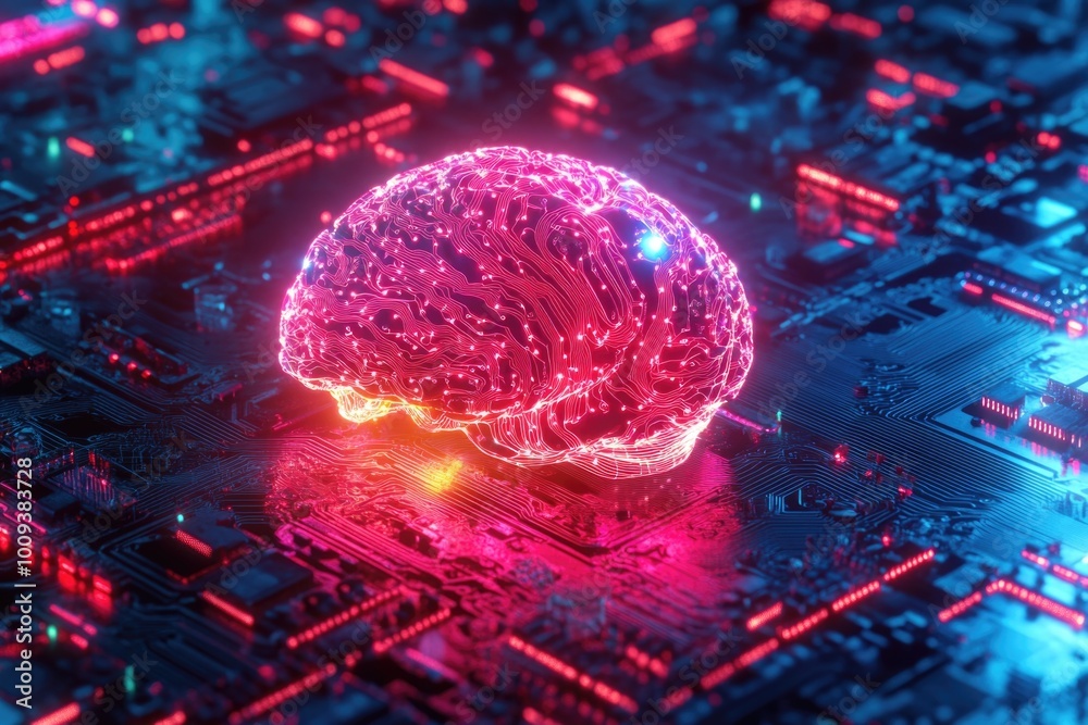 Poster A computer motherboard with a glowing brain component, suitable for futuristic or sci-fi themed projects