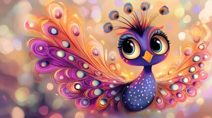 Fototapeta premium A cute cartoon peacock with big eyes and colorful feathers on a blurred background.