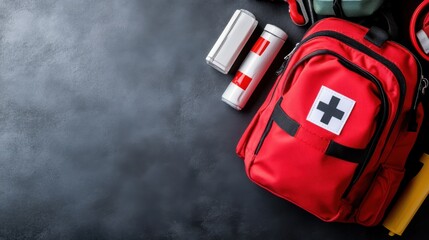 Red First Aid Kit Arrangement on Table
