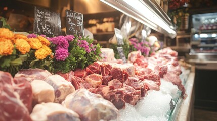 Fresh Meat Display with Colorful Flowers and Herbs