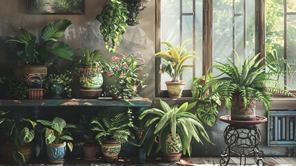 Vintage Charm Set Lush Houseplants on WroughtIron Stand in SunDappled Room