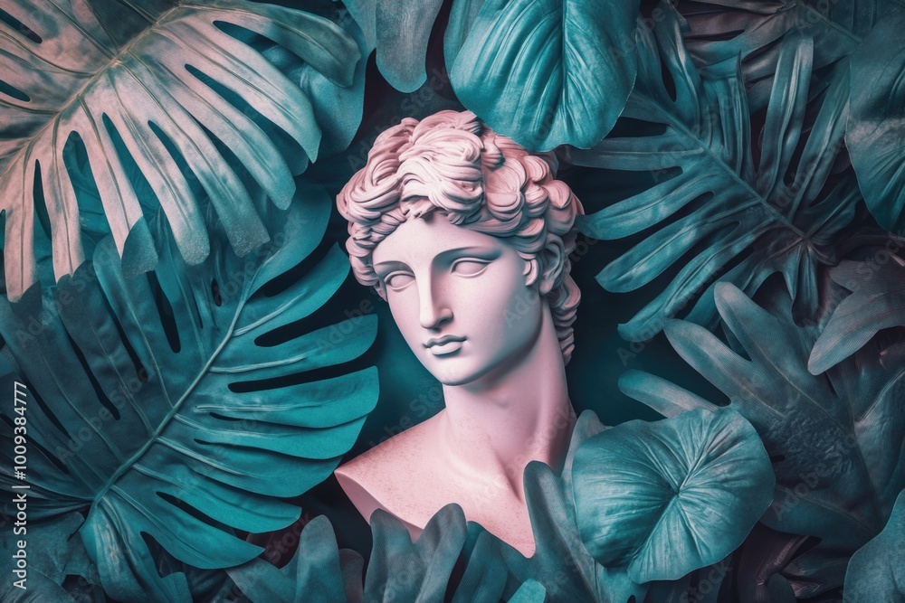 Poster a bronze statue of a woman surrounded by lush green leaves, perfect for use in editorial or commerci