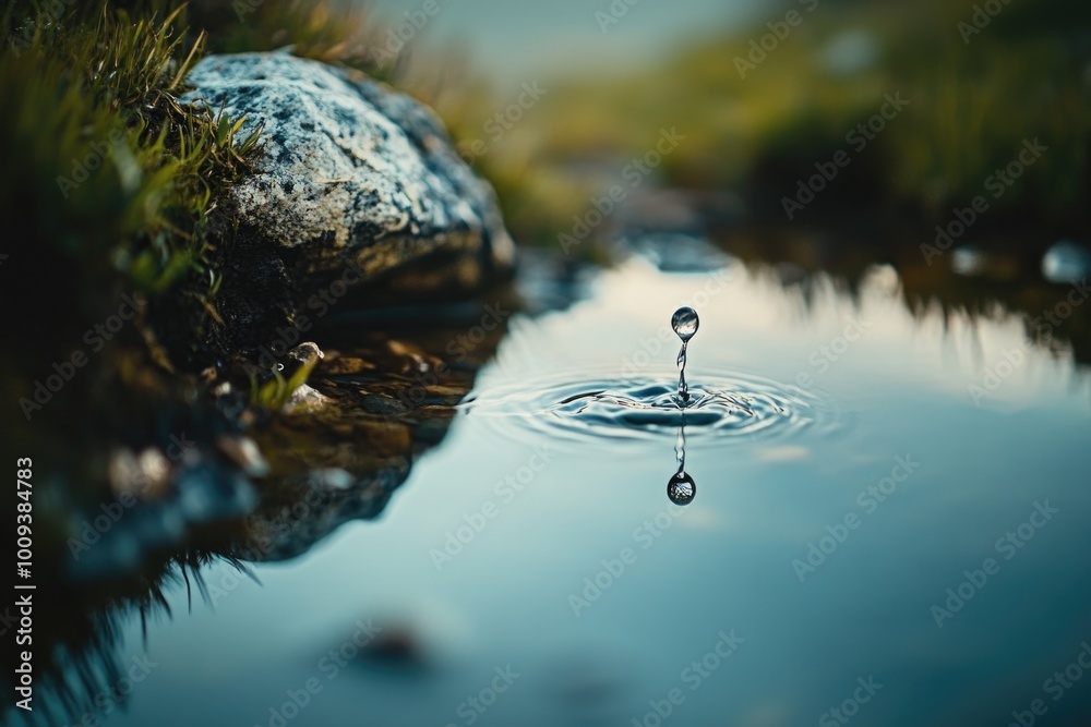 Poster a single drop of water falls into a body of water, creating ripples and waves