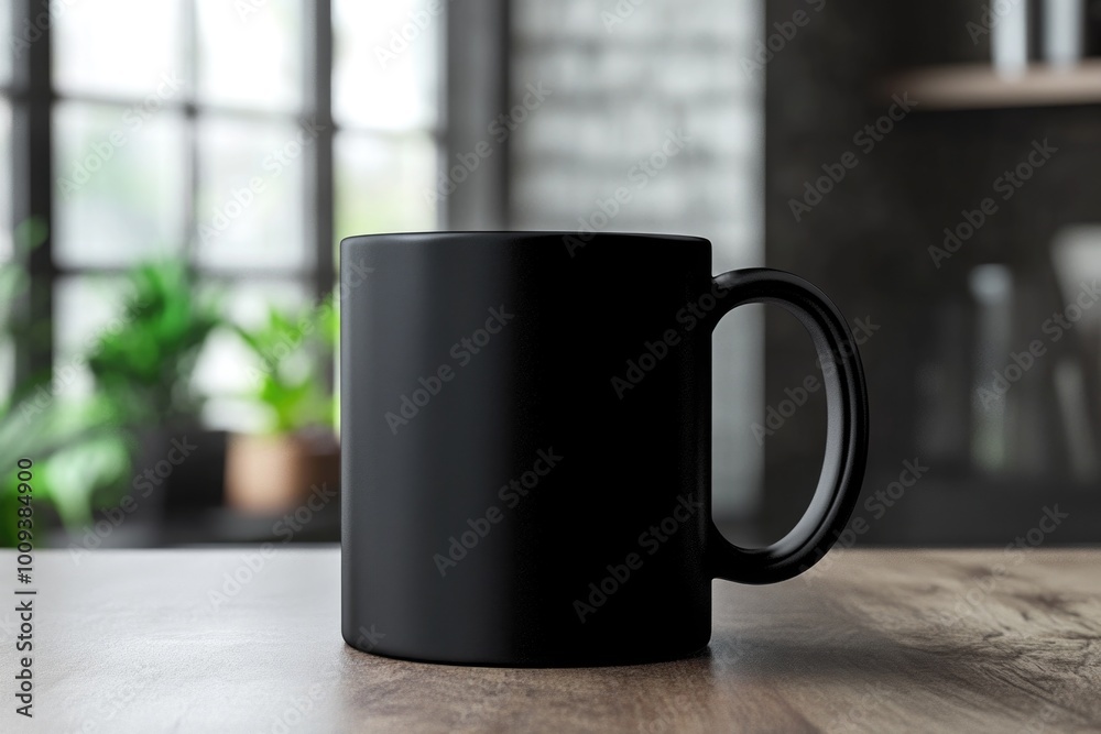 Poster a simple setting featuring a black coffee mug placed on a wooden table
