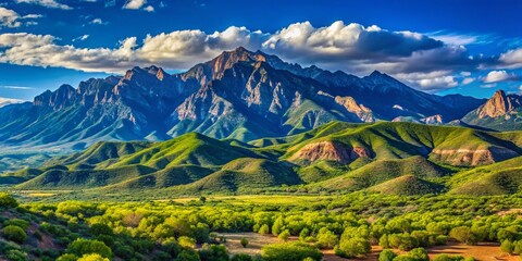 Majestic Santa de Cristo Mountains Under a Clear Blue Sky with Lush Green Valleys Below