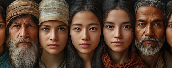 Obraz premium A diverse group of individuals showcasing unique facial features and expressions, representing various cultures and backgrounds.