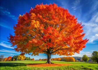 Naklejka premium Majestic Silver Maple Tree with Vibrant Foliage Against a Clear Blue Sky in a Serene Landscape
