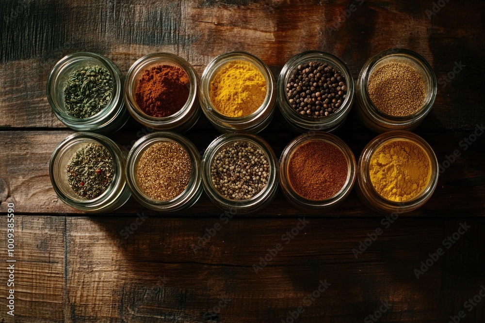 Poster group of colorful spice jars filled with various herbs and spices