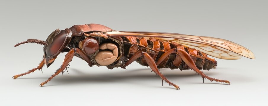 A detailed anatomical model of an insect, with its exoskeleton, internal organs, and segmented body structure clearly shown.