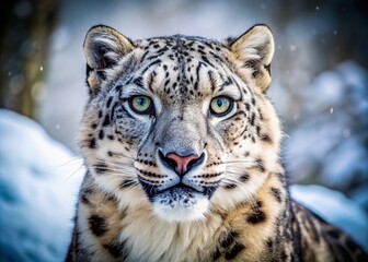 Fototapeta premium Majestic Snow Leopard in Natural Habitat, Captivating Wild Animal with Stunning Fur and Eyes