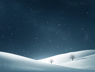 Naklejka premium Snowy landscape at night, tranquil atmosphere, falling snowflakes, serene winter scene