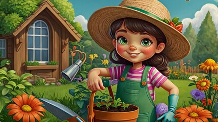 girl watering the garden. cartoon