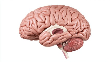 A detailed diagram of the human brain, showing the different lobes, cerebellum, brainstem, and major neural pathways.