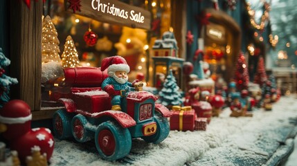 Santa on a toy tractor near a festive shop display during a Christmas sale in winter