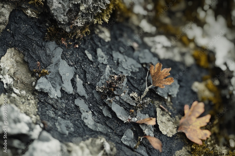 Poster A detailed view of a single leaf resting on a rocky surface, highlighting the texture and patterns