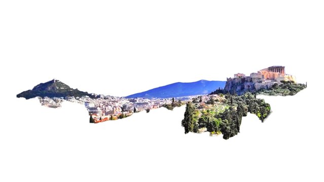 Photo of Mount Lycabettus (left) and the Parthenon on Acropolis Hill (right), isolated on white background. Athens wallpaper.