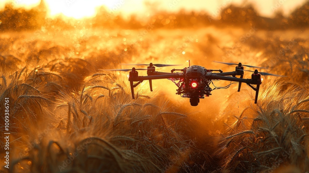 Wall mural Drone spraying, drones working in the fields 