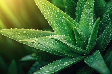 A close-up of a plant with water droplets glistening on its leaves