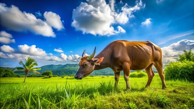 Majestic Tamaraw Grazing in Lush Green Fields Under Bright Blue Sky in the Philippines' Biodiversity