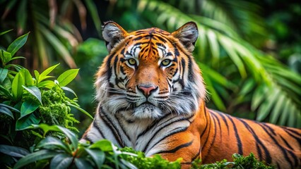 Obraz premium Majestic tiger resting in lush green foliage, showcasing its striking orange and black fur patterns