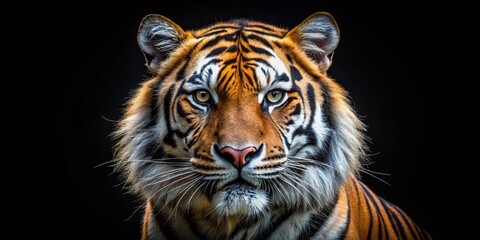 Fototapeta premium Majestic Tiger Portrait Against a Dramatic Black Background Showcasing Strength and Beauty